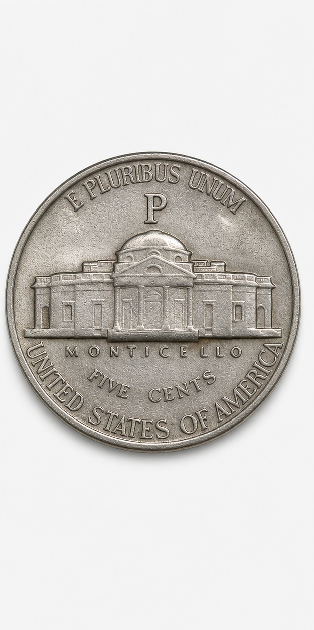 1942-P Wartime silver alloy Jefferson Nickel reverse