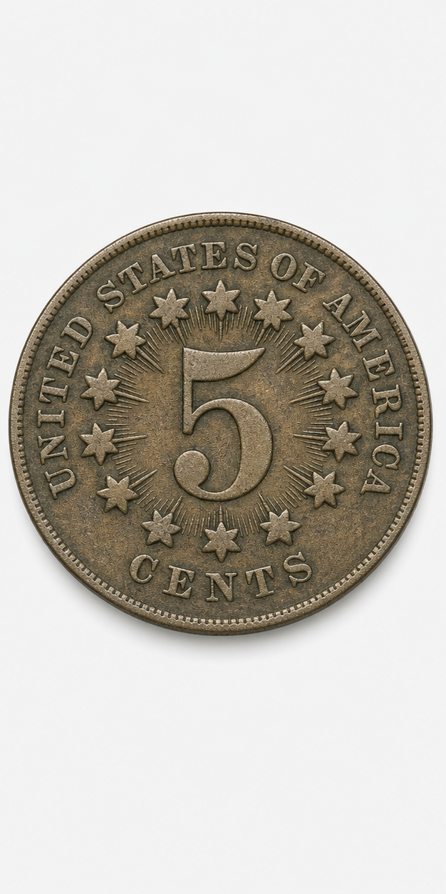 1867 With Rays Shield Nickel reverse