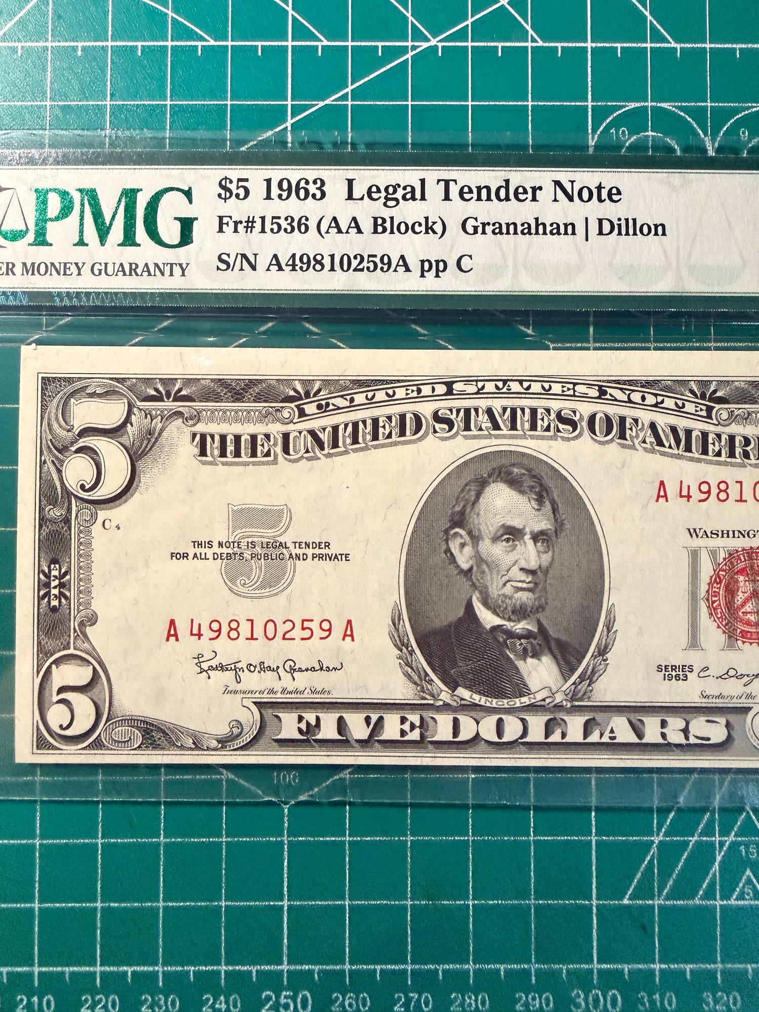 1963 $5 Red Seal Legal Tender Note AA Block PMG 63 | PeerMetals