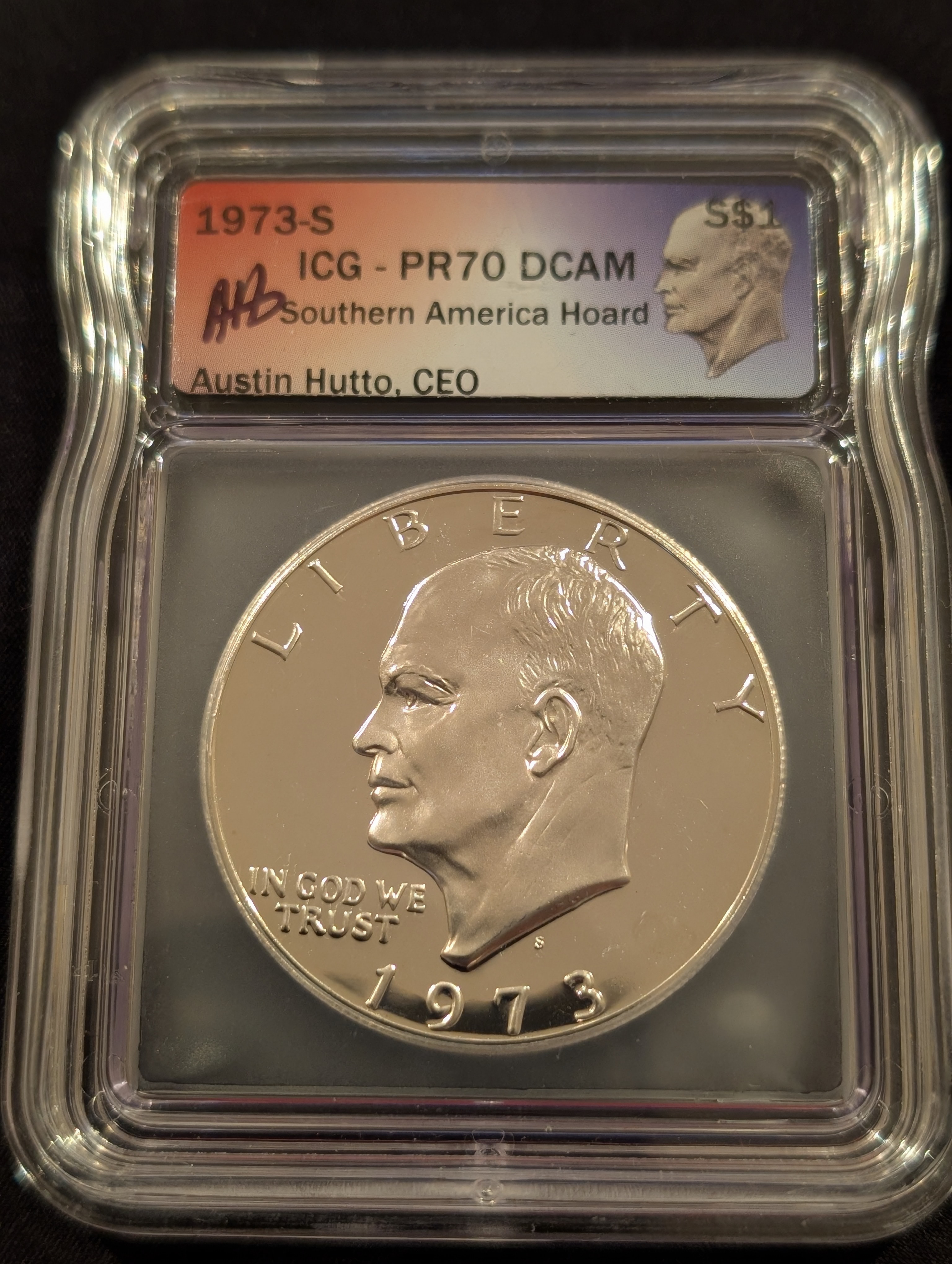 1973-S PR70DCAM IKE Dollar Southern America Hoard | PeerMetals
