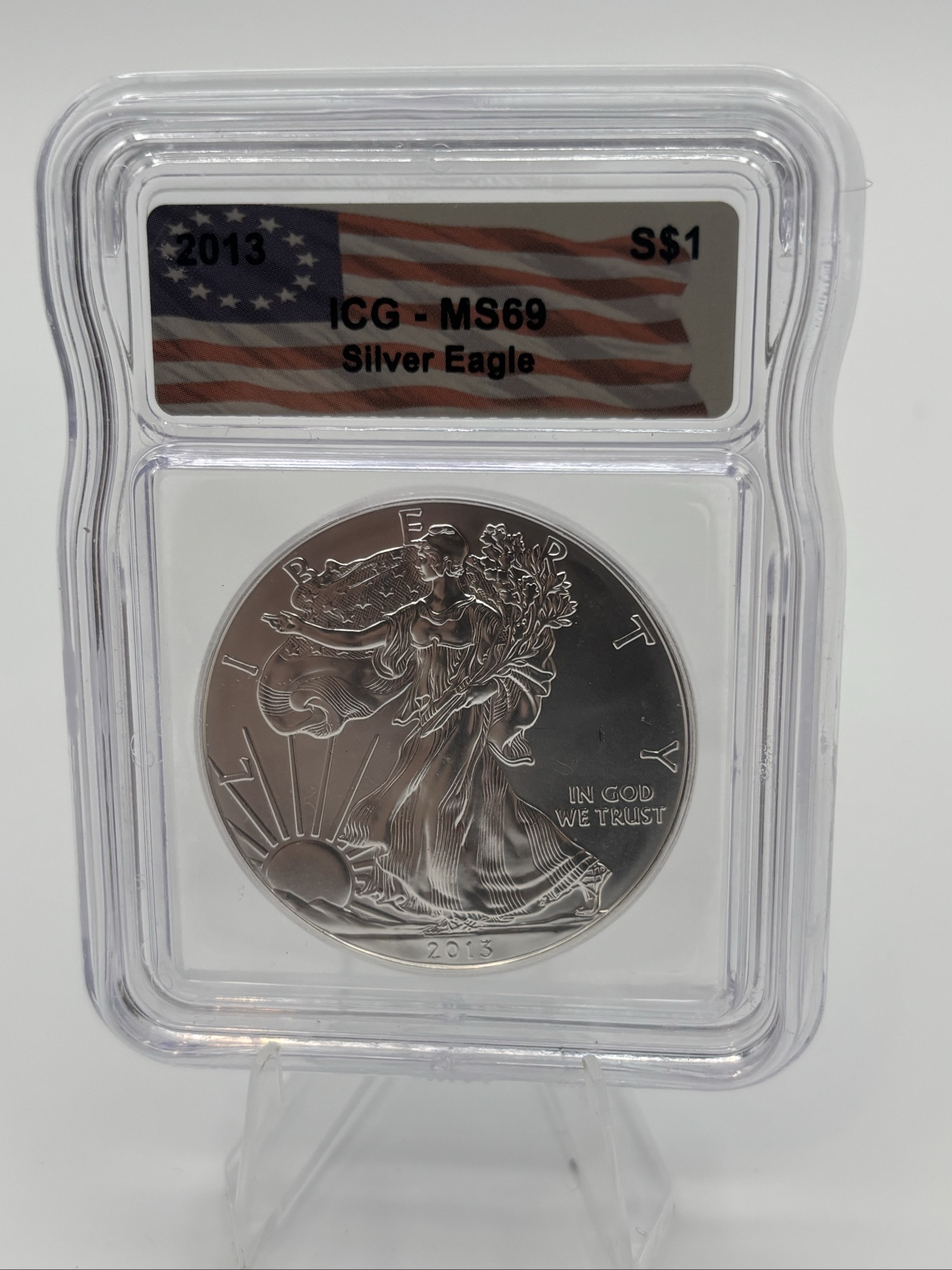 2013 ASE 1oz .999 Silver ICG MS69 Flag Label | PeerMetals