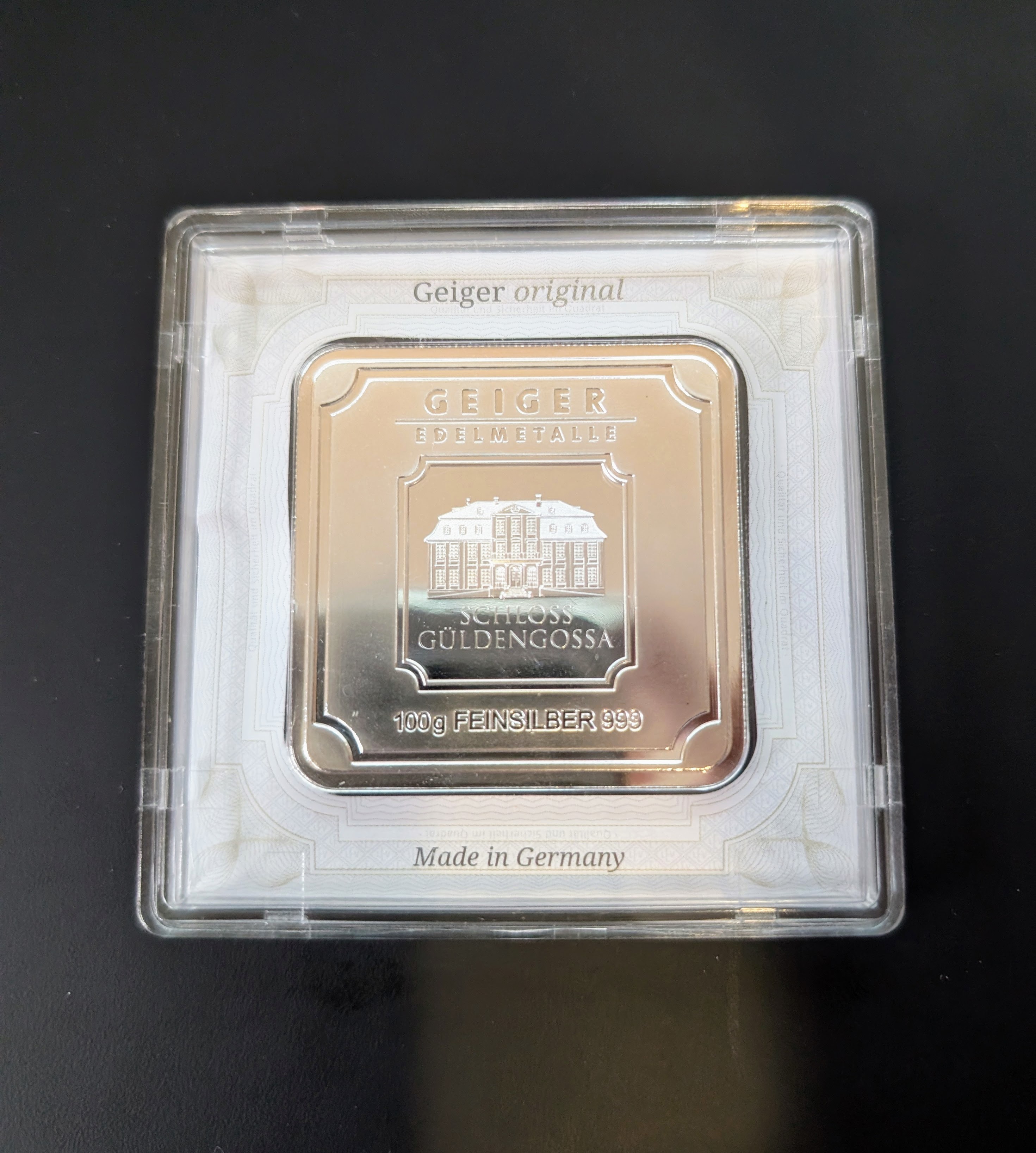 Geiger SILVER Bar - 100 Gram .999 Pure, in Assay | PeerMetals