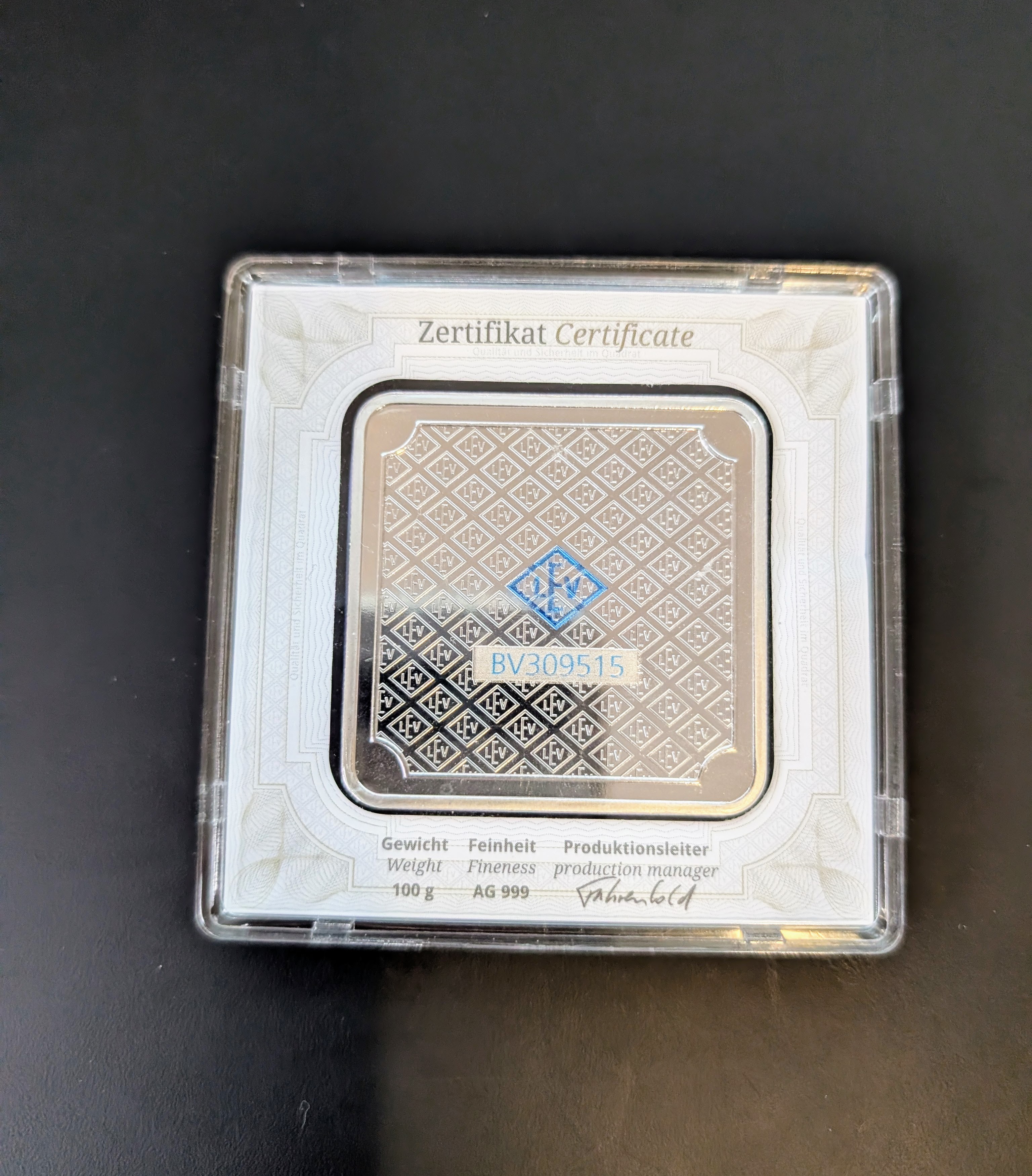 Geiger SILVER Bar - 100 Gram .999 Pure, in Assay | PeerMetals