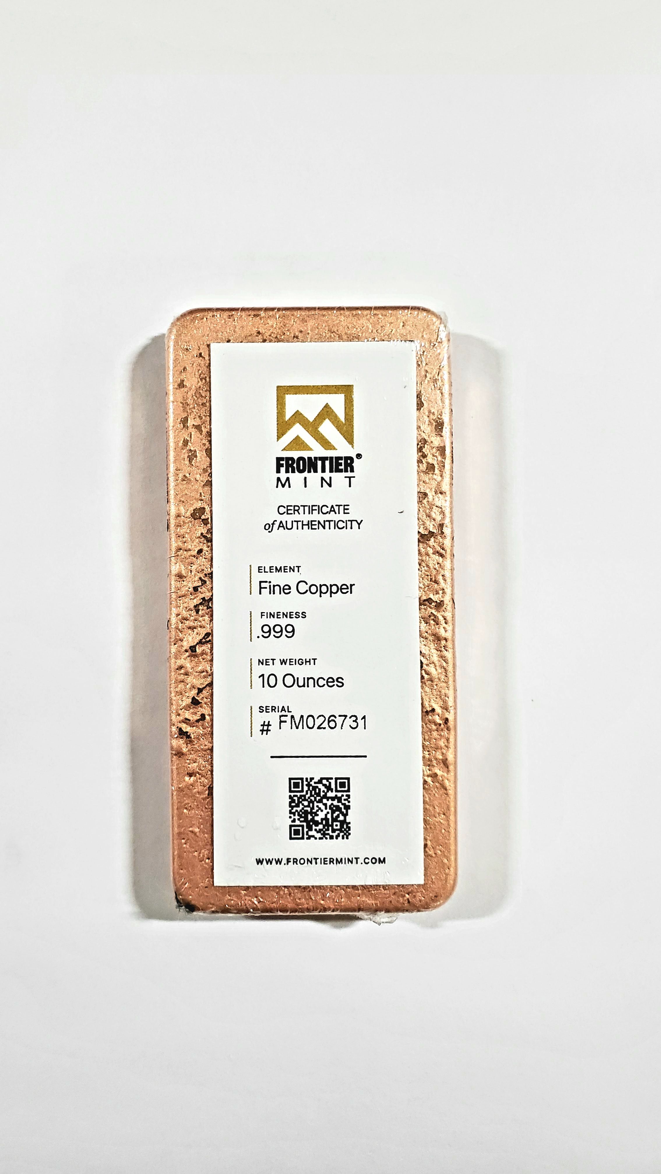 10 AVDP oz Copper Bar .999 Fine Frontier Mint Seal | PeerMetals