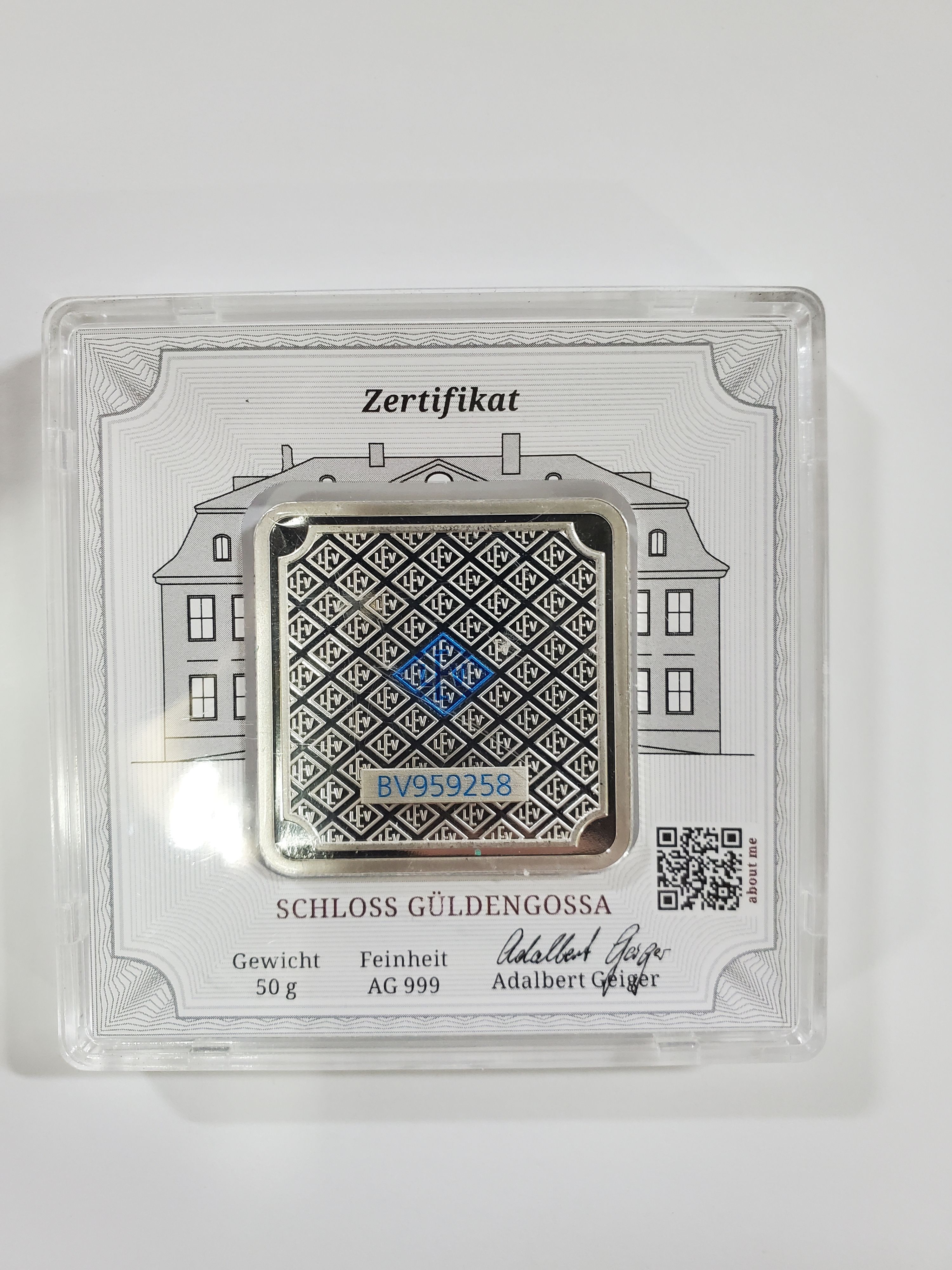 Geiger SILVER Bar - 50 Gram .999 Pure, in Assay | PeerMetals